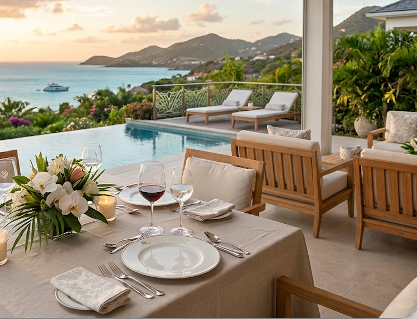 Elegant table setting overlooking the sea in Saint-Barthélemy
